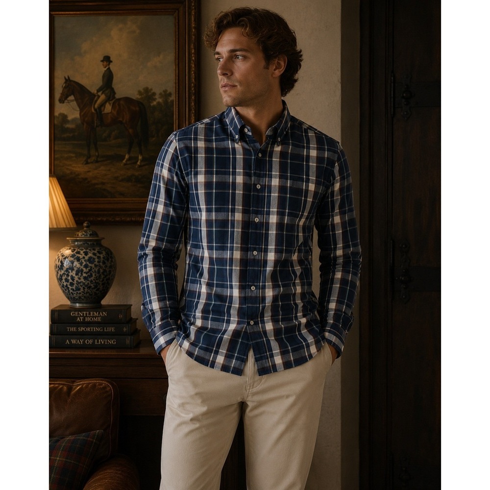 Massimo Dutti Shirt Mens XL Blue Plaid Button Down Preppy Old Money Aesthetic